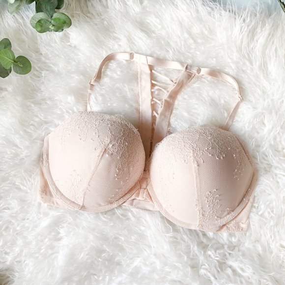 Victoria's Secret Very Sexy Push Up Bra Pink Lace Up Corset Back 36D Lacy Bra